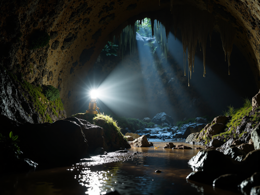我的世界探险队合影，显示玩家角色在山洞探险，手持火把，团队合作